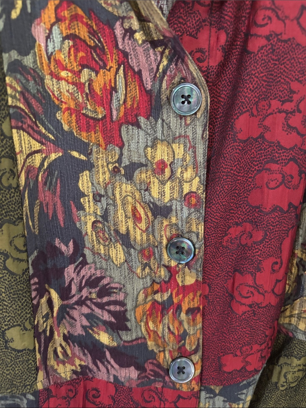 John Mark Patchwork Floral Button-Up Jacket in Red & Olive - Picture 5 of 8